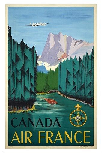 FRENCH AIRLINE tourism poster CANADA AIRLINER river trees mountain 24X36 PRIZED