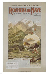 SWISS VINTAGE train travel poster ROCHERS DE NAYE mntns LAKE GENEVA 24X36