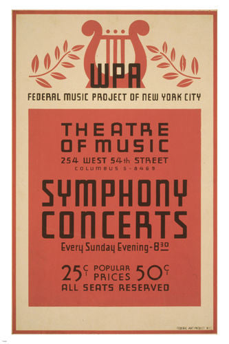 NYC SYMPHONY CONCERTS vintage 1941 poster 24X36 Federal Music Project NEW - PW0