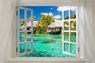 Window onto PARADISE ISLAND scenic poster 24X36 turquoise water palm trees