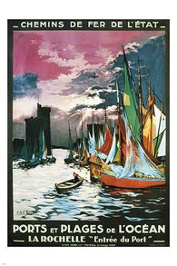 vintage train travel poster LA ROCHELLE FRANCE boats water EXCEPTIONAL 24X36