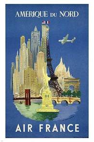 french airline NORTH AMERICA vintage travel poster LANDMARKS unique design 24X36