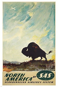 NORTH AMERICA SCANDINAVIAN AIRLINES buffalo VINTAGE travel poster 24X36 rare