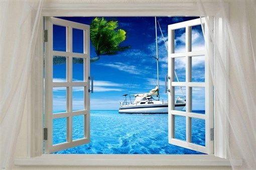 Window onto OCEAN with boat SCENIC poster 24X36 sails PALM TREES hot