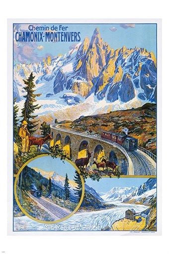 CHAMONIX FRANCE vintage train travel poster BRIDGE MOUNTAINS 24X36 prized