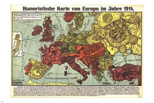HUMOROUS MAP OF EUROPE 1914 vintage german poster POLITICAL COLLECTORS 24X36