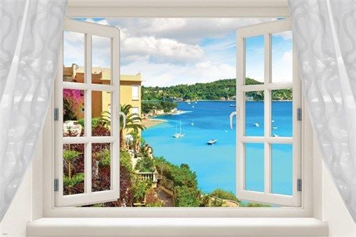 WINDOW into MEDITERRANEAN BEACH poster TURQUOISE OCEAN palms 24X36 UNIQUE