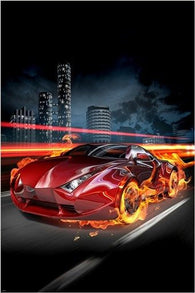 HOT SPORTS CAR POSTER fire flaming wheels CITY LANDSCAPE unique design 24X36
