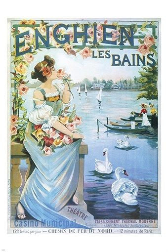 ENGHIEN LES BAINS vintage travel poster OLD FASHIONED flowers swans 24X36