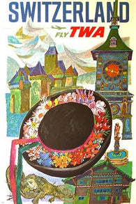 fly TWA SWITZERLAND vintage travel poster HAT CLOCKTOWER collectors 24X36