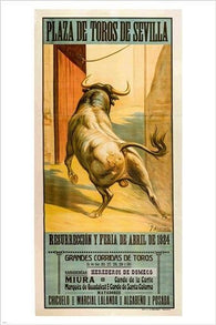 plaza de toros de sevilla 1924 VINTAGE SPANISH AD POSTER strong bull 24X36
