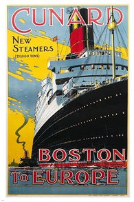 cunard NEW STEAMSHIPS vintage travel poster BOSTON TO EUROPE historic 24X36