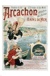 ARCACHON BAINS DE MER vintage travel poster SAILBOATS coastline PRIZED 24X36