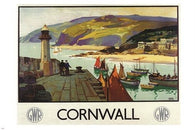 CORNWALL vintage travel poster COLORFUL SCENIC boats lighthouse water 24X36