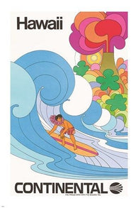 vintage travel poster HAWAII via CONTINENTAL psychedelic artsy SURFING 24X36
