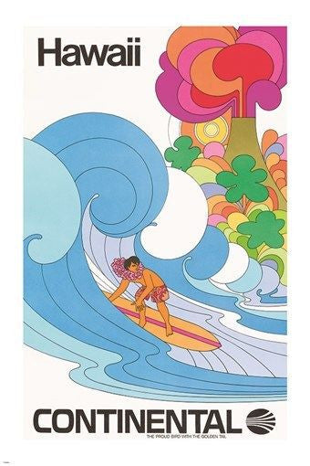 vintage travel poster HAWAII via CONTINENTAL psychedelic artsy SURFING 24X36