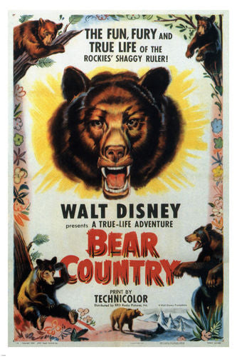 james algar's BEAR COUNTRY vintage movie poster WALT DISNEY kids 1953 24x36